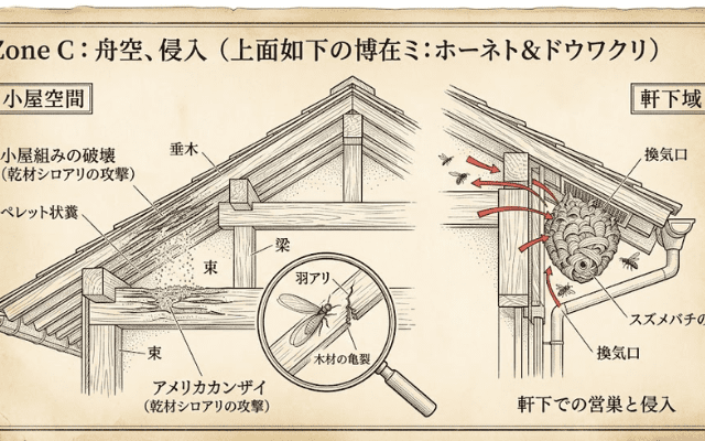 【高所・破壊侵入】屋根・軒天井：アライグマ・コウモリの聖域