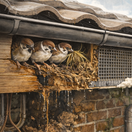スズメ対策と屋根の寿命：軒先の「雀口（すずめぐち）」封鎖が、雨漏りと建物の腐朽を防ぐ